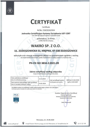 Certyfikat PN-EN ISO 3834-2:2021-09.