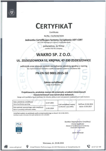 Certyfikat PN-EN ISO 9001:2015-10. Firma Warko wdrożyła oraz stosuje system zarządzania jakością zgodną z normą